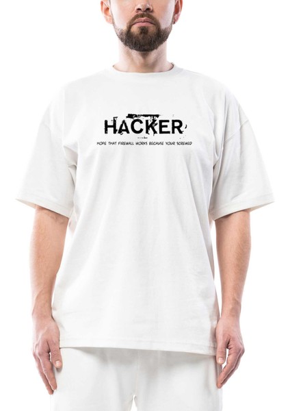 Hacker Friwall Oversize Beyaz Tişört
