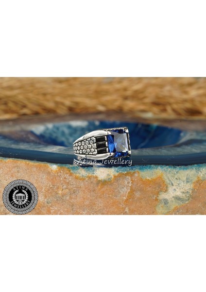 Zirkon Lacivert Safir Taşlı 925 Ayar Gümüş Erkek Yüzük