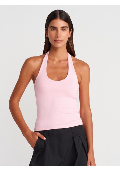 21052 Halter Yaka Top-Toz Pembe