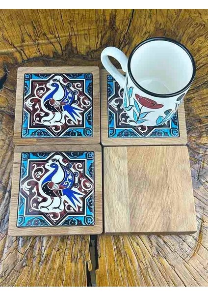 Selçuklu Kuşu Desenli Ahşap Bardak Altlığı Takımı