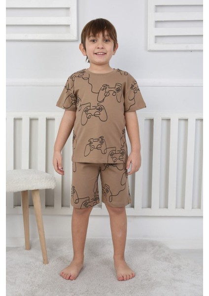 Isob Kahverengi Atary Desenli %100 Pamuk Erkek Çocuk Kısa Kollu Şortlu Takım 3-8 Yaş 41303-K