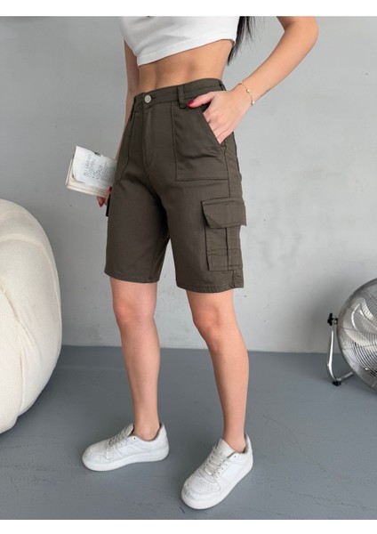 Kadın Kargo Cepli Yüksek Bel Likralı Bermuda Şort fiyatları