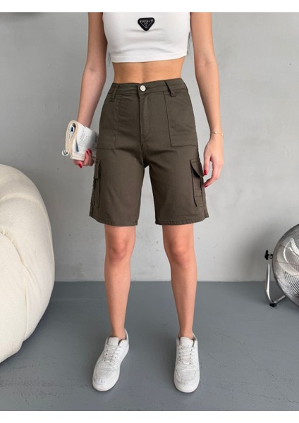 Kadın Kargo Cepli Yüksek Bel Likralı Bermuda Şort modelleri