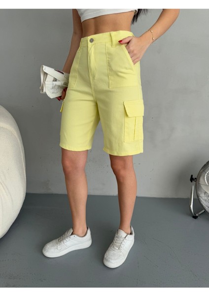 Kadın Kargo Cepli Yüksek Bel Likralı Bermuda Şort fiyatları
