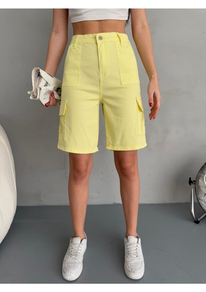 Kadın Kargo Cepli Yüksek Bel Likralı Bermuda Şort modelleri