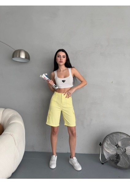 Kadın Kargo Cepli Yüksek Bel Likralı Bermuda Şort indirimleri