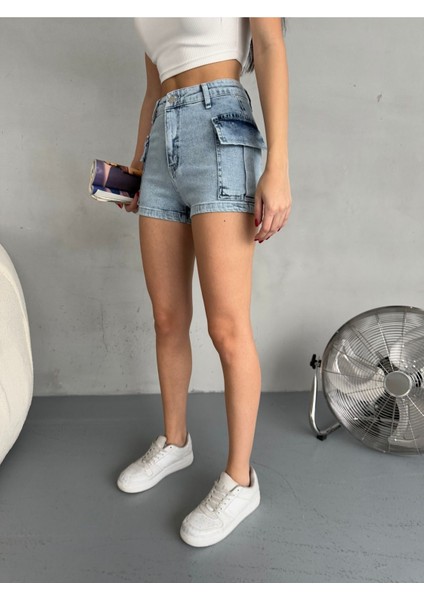 Kadın Yüksek Bel Kargo Cepli Mini Denim Şort & Bermuda