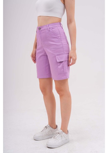 Kadın Kargo Cepli Yüksek Bel Likralı Bermuda Şort