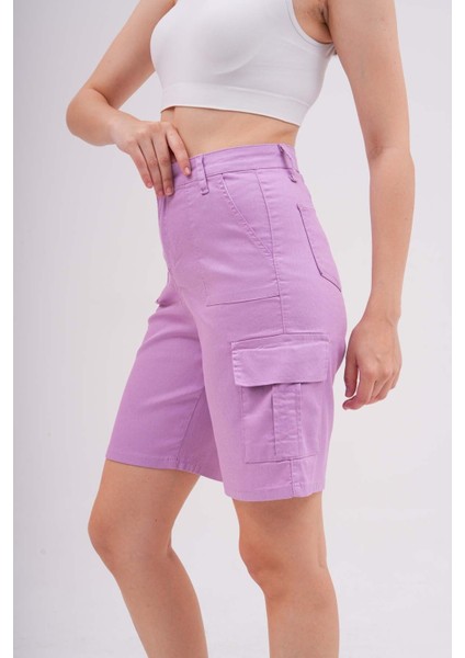 Kadın Kargo Cepli Yüksek Bel Likralı Bermuda Şort modelleri