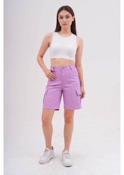 Kadın Kargo Cepli Yüksek Bel Likralı Bermuda Şort indirimleri