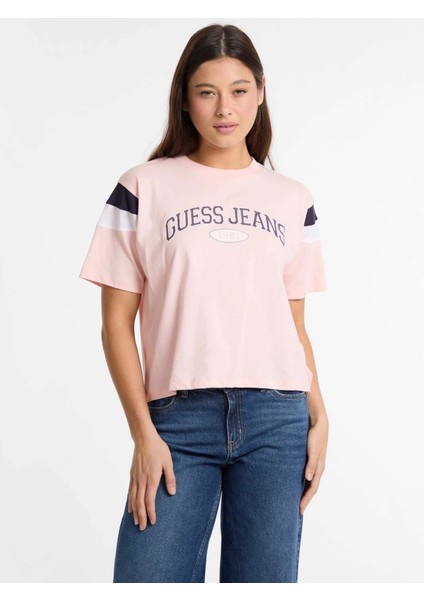 Guess Kadın Pembe Boxy Kesim Kısa Kollu Tişört