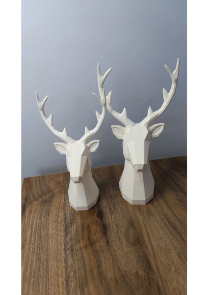 2 Li Set Geyik Figürlü Modern Dekoratif Hediyelik Biblo Kemik Beyazı 22CM/19CM