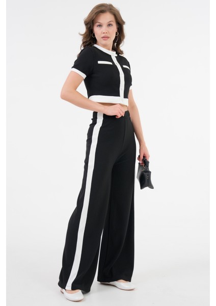 Siyah Şerit Detaylı Çıtçıtlı Crop Bluz - Beli Lastikli Pantolon Fitilli Örme Takım