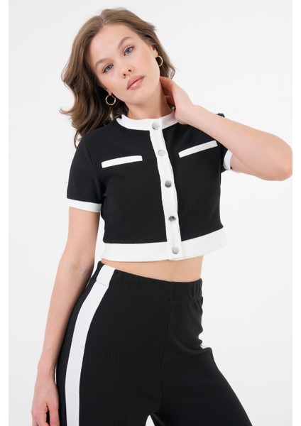 Siyah Şerit Detaylı Çıtçıtlı Crop Bluz - Beli Lastikli Pantolon Fitilli Örme Takım