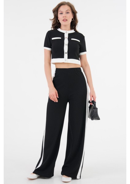 Siyah Şerit Detaylı Çıtçıtlı Crop Bluz - Beli Lastikli Pantolon Fitilli Örme Takım