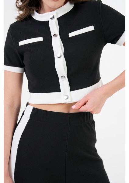 Siyah Şerit Detaylı Çıtçıtlı Crop Bluz - Beli Lastikli Pantolon Fitilli Örme Takım