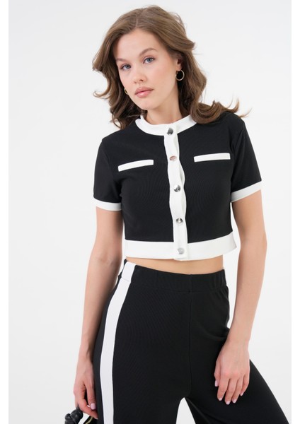 Siyah Şerit Detaylı Çıtçıtlı Crop Bluz - Beli Lastikli Pantolon Fitilli Örme Takım