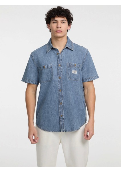 Guess Erkek Mavi Kısa Kollu Denim Gömlek