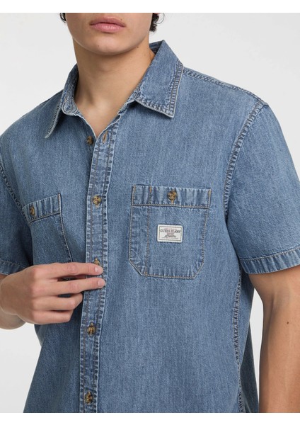 Guess Erkek Mavi Kısa Kollu Denim Gömlek
