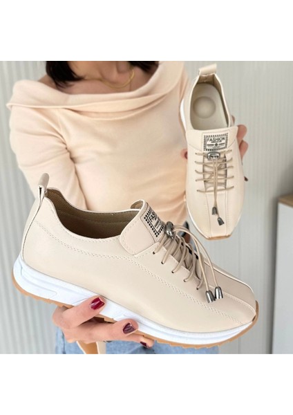 Monya Bej Cilt Bağcıklı Spor Ayakkabı fırsatları