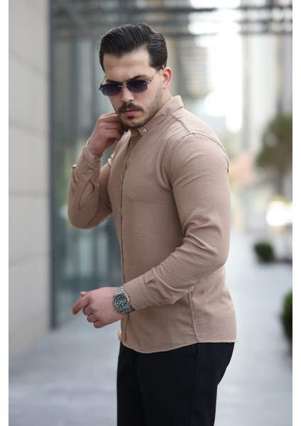 Erkek Taba Basic %100 Pamuklu Dökümlü Kumaş Uzun Kollu Salaş Gömlek