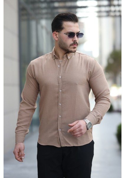 Erkek Taba Basic %100 Pamuklu Dökümlü Kumaş Uzun Kollu Salaş Gömlek