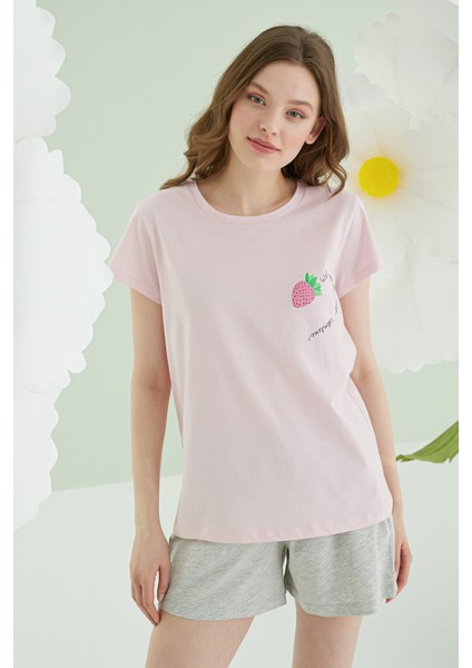 Pembe Strawberry Şortlu Pijama Takımı