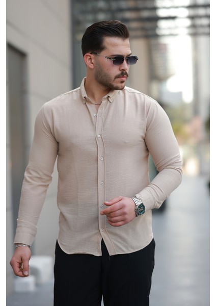 Erkek Krem Basic %100 Pamuklu Dökümlü Kumaş Uzun Kollu Salaş Gömlek
