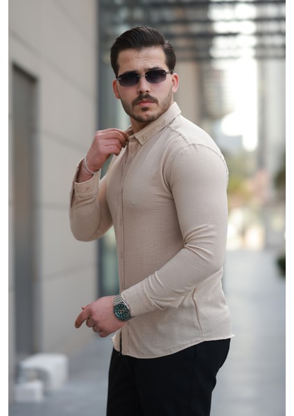 Erkek Krem Basic %100 Pamuklu Dökümlü Kumaş Uzun Kollu Salaş Gömlek fiyatları