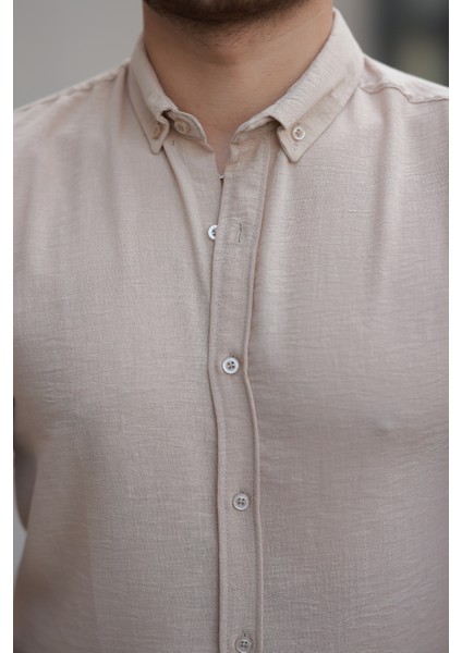 Erkek Krem Basic %100 Pamuklu Dökümlü Kumaş Uzun Kollu Salaş Gömlek modelleri