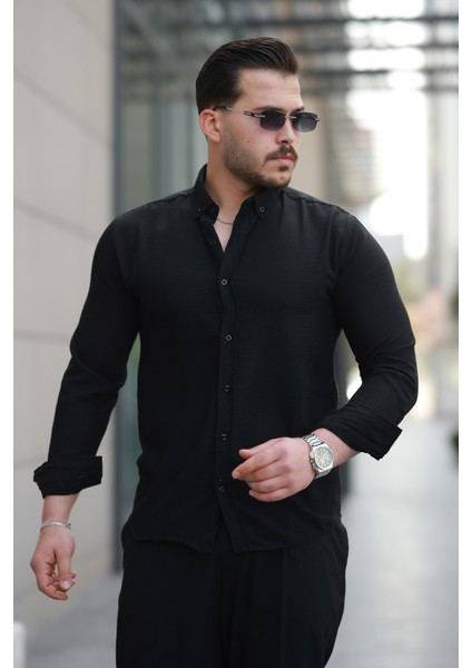 Erkek Siyah Basic %100 Pamuklu Dökümlü Kumaş Uzun Kollu Salaş Gömlek