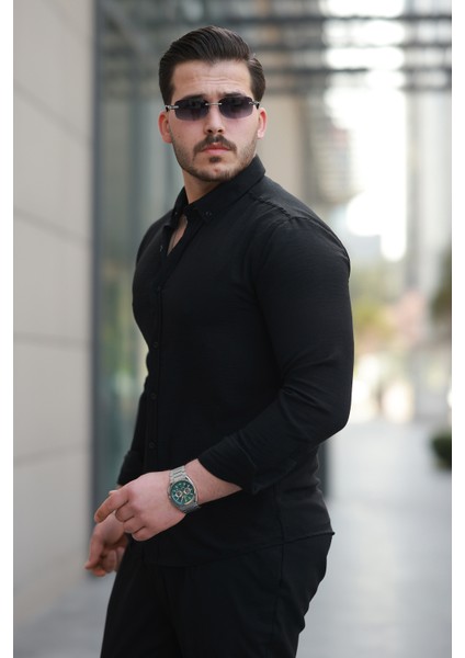 Erkek Siyah Basic %100 Pamuklu Dökümlü Kumaş Uzun Kollu Salaş Gömlek fiyatları