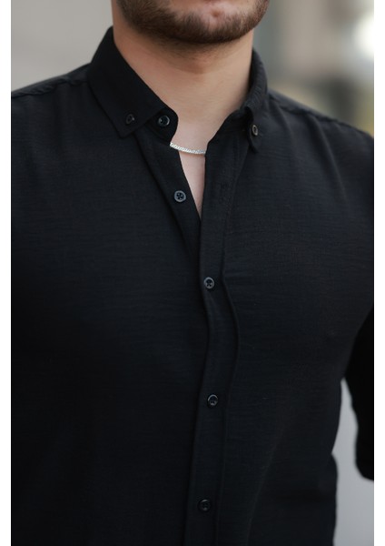 Erkek Siyah Basic %100 Pamuklu Dökümlü Kumaş Uzun Kollu Salaş Gömlek modelleri