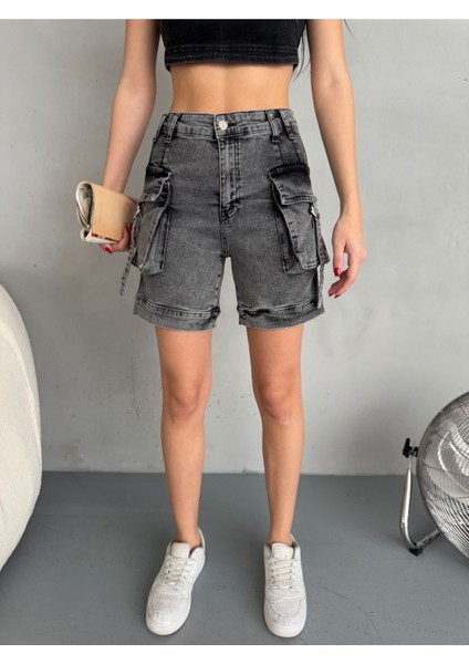 Kadın Kargo Cepli Yüksek Bel Esnek Jean Şort fiyatları