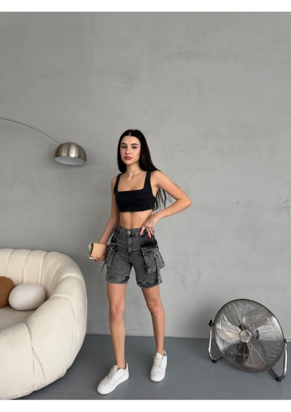 Kadın Kargo Cepli Yüksek Bel Esnek Jean Şort fırsatları