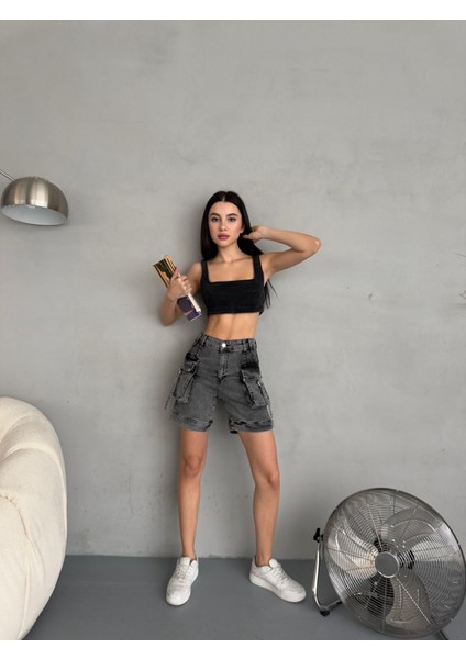 Kadın Kargo Cepli Yüksek Bel Esnek Jean Şort indirimleri