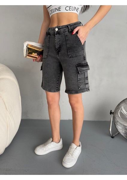 Kadın Kargo Cepli Yüksek Bel Esnek Bermuda Şort Jean