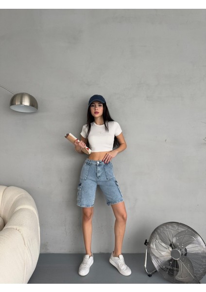 Kadın Kargo Cepli Yüksek Bel Esnek Bermuda Şort Jean