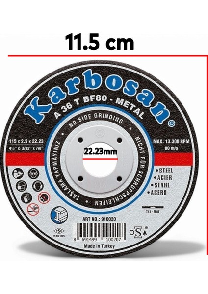 Karbosan Metal Kesici Taş Disk Taşlama Spiral Demir Kesme Diski 115X2.5X22.23 mm