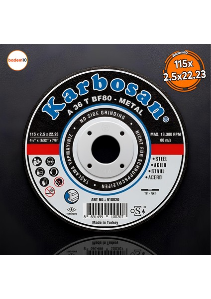Karbosan Metal Kesici Taş Disk Taşlama Spiral Demir Kesme Diski 115X2.5X22.23 mm