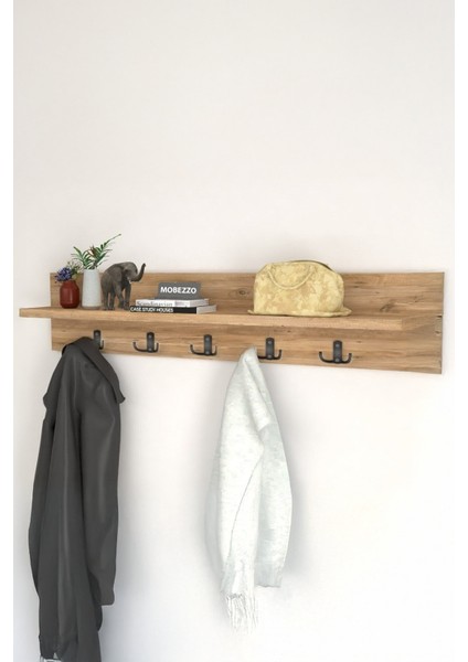 Ahşap Raflı Duvar Askılığı 5 Kancalı Portmanto Askı Anahtarlık Askısı Banyo Giriş Hol İçin 70 cm Atlantik Çam