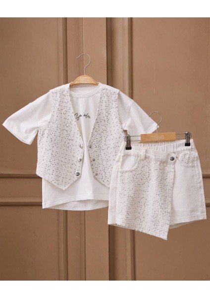 Kız Pul Detaylı Yelek Tshirt Şort Etek Takım