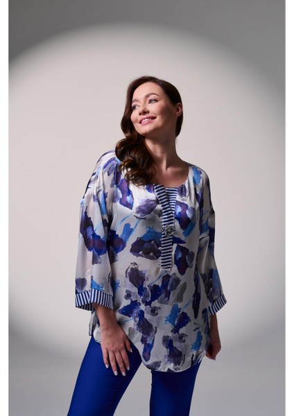 Büyük Beden Empirme Baskılı V Yakalı Şifon Bluz