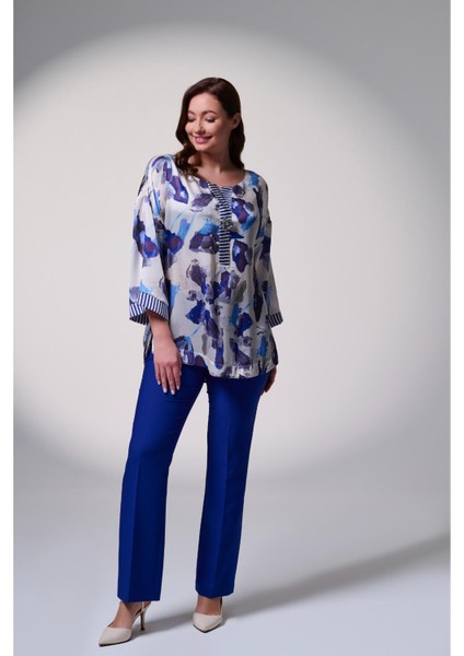 Büyük Beden Empirme Baskılı V Yakalı Şifon Bluz fiyatları