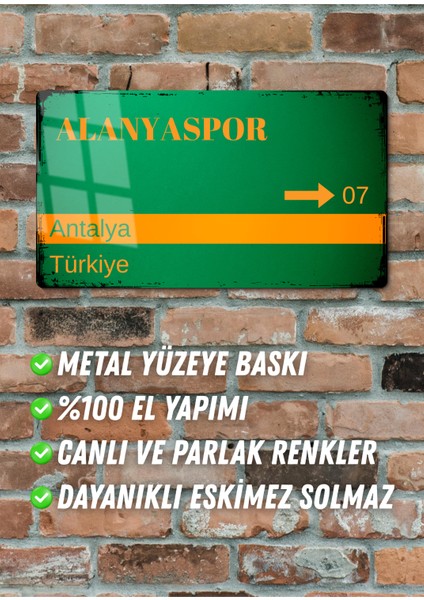 Alanyaspor Metal Posteri - Sokak Tabelası Görünümlü Parlak Tablo / Eskitme