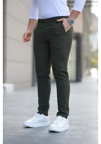 Erkek Koyu Haki Slim Fit Kaliteli Esnek Likralı Bilek Boy Kumaş Pantolon