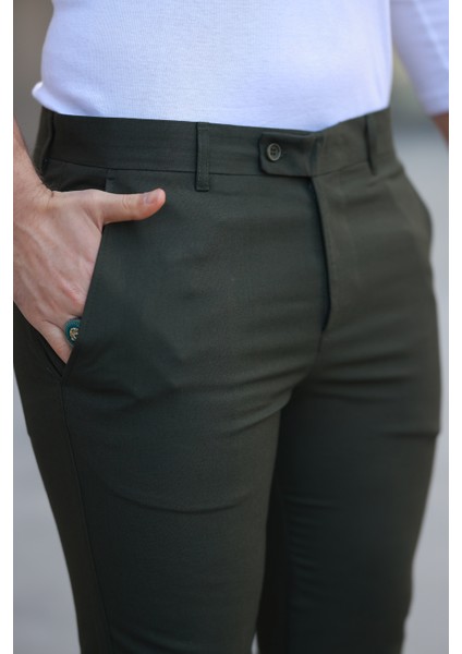 Erkek Koyu Haki Slim Fit Kaliteli Esnek Likralı Bilek Boy Kumaş Pantolon