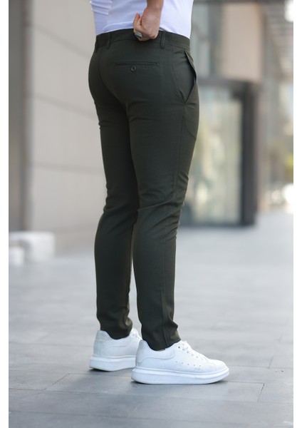 Erkek Koyu Haki Slim Fit Kaliteli Esnek Likralı Bilek Boy Kumaş Pantolon