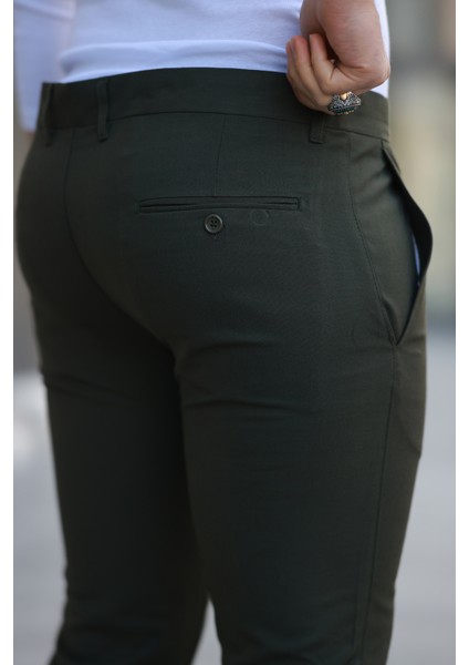Erkek Koyu Haki Slim Fit Kaliteli Esnek Likralı Bilek Boy Kumaş Pantolon