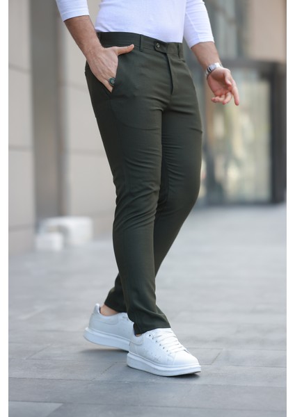 Erkek Koyu Haki Slim Fit Kaliteli Esnek Likralı Bilek Boy Kumaş Pantolon